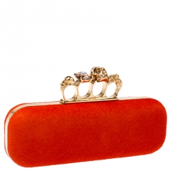 Alexander McQueen Orange Calfhair Skull Knuckle Box Clutch