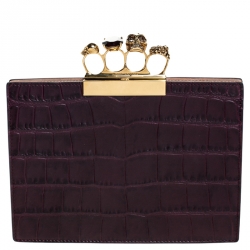 مملوكة مسبقًا Alexander McQueen Crocodile Embossed Leather Skull Knuckle Flat Clutch