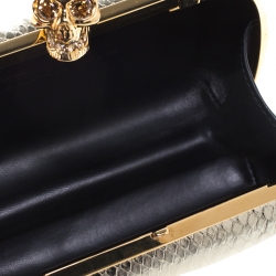 Pre Owned Alexander McQueen Metallic Gold Python Embossed Leather Skull Box Clutch