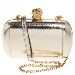Pre Owned Alexander McQueen Metallic Gold Python Embossed Leather Skull Box Clutch