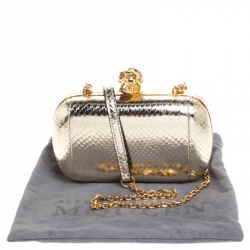 Pre Owned Alexander McQueen Metallic Gold Python Embossed Leather Skull Box Clutch