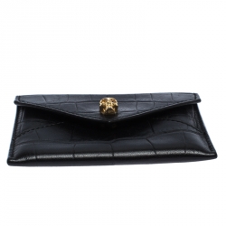 Alexander McQueen Black Crocodile Embossed Leather Skull Card Holder