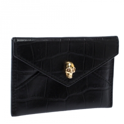 Alexander McQueen Black Crocodile Embossed Leather Skull Card Holder