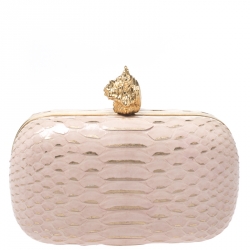 Pre Owned Alexander McQueen Beige/Gold Python Crystal Embellished Skull Clutch