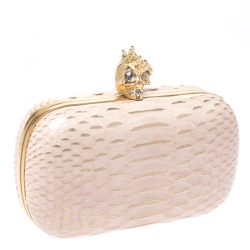 Pre Owned Alexander McQueen Beige/Gold Python Crystal Embellished Skull Clutch
