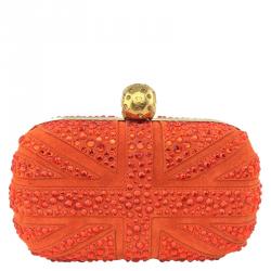 Pre Owned Alexander McQueen Orange Suede Crystal Britannia Skull Box Clutch