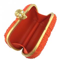 Pre Owned Alexander McQueen Orange Suede Crystal Britannia Skull Box Clutch