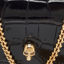 Alexander McQueen Black Croc Embossed Leather Skull Chain Card Case