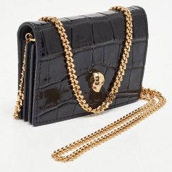 Alexander McQueen Black Croc Embossed Leather Skull Chain Card Case