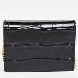 Alexander McQueen Black Croc Embossed Leather Skull Chain Card Case
