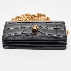 Alexander McQueen Black Croc Embossed Leather Skull Chain Card Case