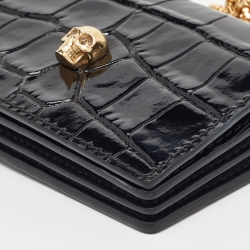 Alexander McQueen Black Croc Embossed Leather Skull Chain Card Case