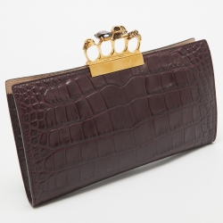 Pre Owned Alexander McQueen Burgundy Croc Embossed Leather The Knuckle Clutch