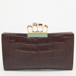 Pre Owned Alexander McQueen Burgundy Croc Embossed Leather The Knuckle Clutch