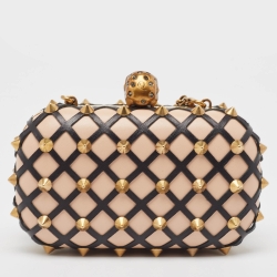 Pre Owned Alexander McQueen Light Pink/Black Leather Rockstud Skull Crystals Box Chain Clutch