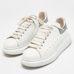 Pre Owned Alexander McQueen White/Metallic Grey Leather Larry Sneakers Size 37.5
