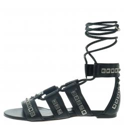 Pre Owned Alexander McQueen Black Leather Studded Sandals Size 37