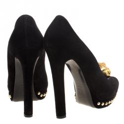 Pre Owned Alexander McQueen Black Suede Skull Embellished Peep Toe Pumps Size 39