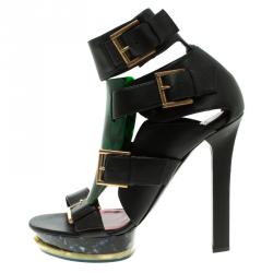 Pre Owned Alexander McQueen Black Leather Plexi Plaque Strappy Platform Sandals Size 40
