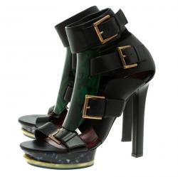 Pre Owned Alexander McQueen Black Leather Plexi Plaque Strappy Platform Sandals Size 40