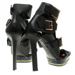 Pre Owned Alexander McQueen Black Leather Plexi Plaque Strappy Platform Sandals Size 40