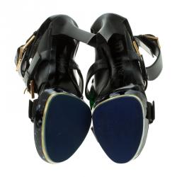 Pre Owned Alexander McQueen Black Leather Plexi Plaque Strappy Platform Sandals Size 40