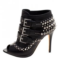 Pre Owned Alexander McQueen Black Studded Leather Peep Toe Ankle Booties Size 36