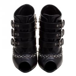 Pre Owned Alexander McQueen Black Studded Leather Peep Toe Ankle Booties Size 36
