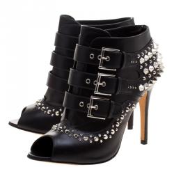 Pre Owned Alexander McQueen Black Studded Leather Peep Toe Ankle Booties Size 36