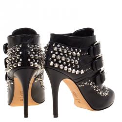 Pre Owned Alexander McQueen Black Studded Leather Peep Toe Ankle Booties Size 36