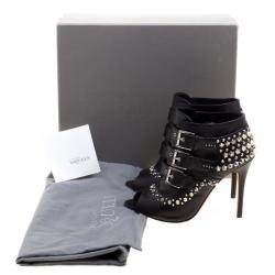 Pre Owned Alexander McQueen Black Studded Leather Peep Toe Ankle Booties Size 36
