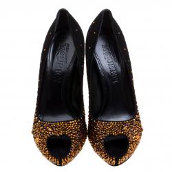 Pre Owned Alexander McQueen Black Crystal Embellished Suede Heart Peep Toe Pumps Size 38.5