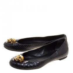 Pre Owned Alexander McQueen Black Python Leather Skull City Ballet Flats Size 36