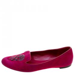 Pre Owned Alexander McQueen Pink Suede Sequins Skull Smoking Slippers Size 39