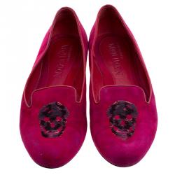 Pre Owned Alexander McQueen Pink Suede Sequins Skull Smoking Slippers Size 39