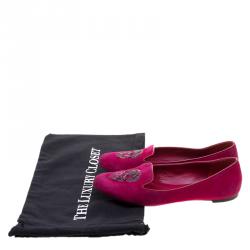 Pre Owned Alexander McQueen Pink Suede Sequins Skull Smoking Slippers Size 39