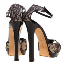 Pre Owned Alexander McQueen Black Lace Peep Toe Ankle Strap Sandals Size 40