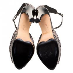 Pre Owned Alexander McQueen Black Lace Peep Toe Ankle Strap Sandals Size 40