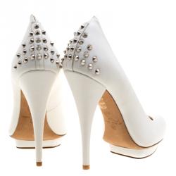 Pre Owned Alexander McQueen White Leather Spike Trimmed Platform Pumps Size 39