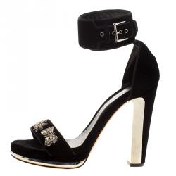 Pre Owned Alexander McQueen Black Velvet Crystal Embellished Ankle Cuff Sandals Size 39