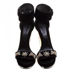 Pre Owned Alexander McQueen Black Velvet Crystal Embellished Ankle Cuff Sandals Size 39