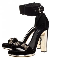 Pre Owned Alexander McQueen Black Velvet Crystal Embellished Ankle Cuff Sandals Size 39