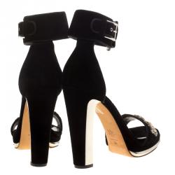Pre Owned Alexander McQueen Black Velvet Crystal Embellished Ankle Cuff Sandals Size 39