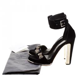 Pre Owned Alexander McQueen Black Velvet Crystal Embellished Ankle Cuff Sandals Size 39