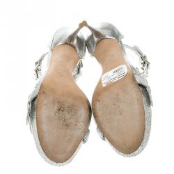 Pre Owned Alexander McQueen Metallic Silver Textured Leather Ivy Leaf Embellished Open Toe Sandals Size 38.5