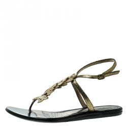 Pre Owned Alexander McQueen Gold Leather Flat Sandals Size 40.5