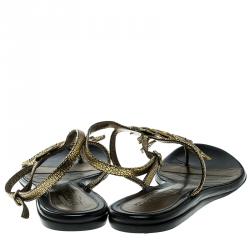 Pre Owned Alexander McQueen Gold Leather Flat Sandals Size 40.5