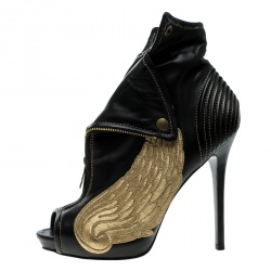 Pre Owned Alexander McQueen Black Leather Faithful Skull Peep Toe Ankle Boots Size 40