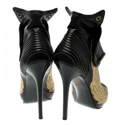 Pre Owned Alexander McQueen Black Leather Faithful Skull Peep Toe Ankle Boots Size 40