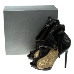 Pre Owned Alexander McQueen Black Leather Faithful Skull Peep Toe Ankle Boots Size 40